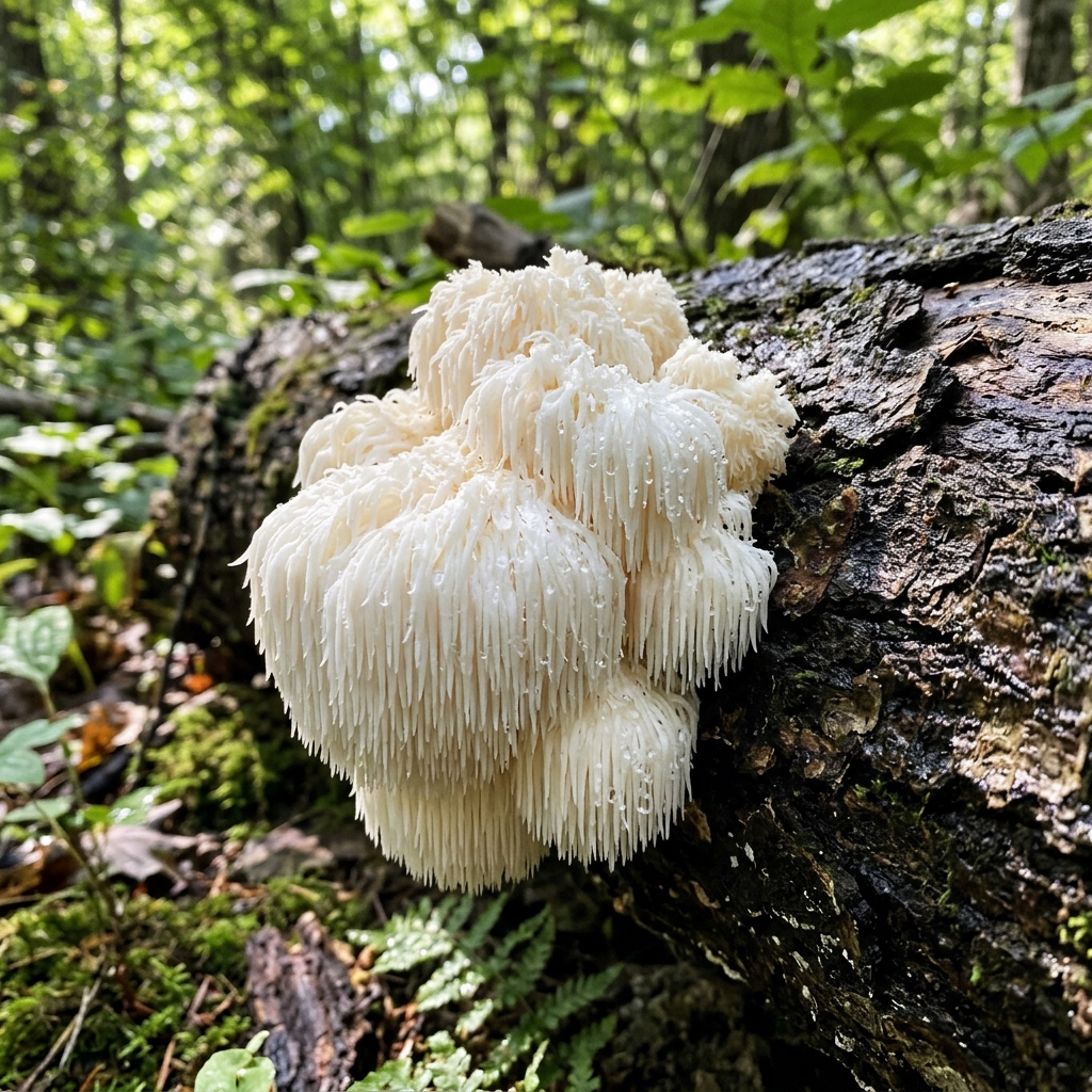 Organic Lion's Mane mushroom growing on logs