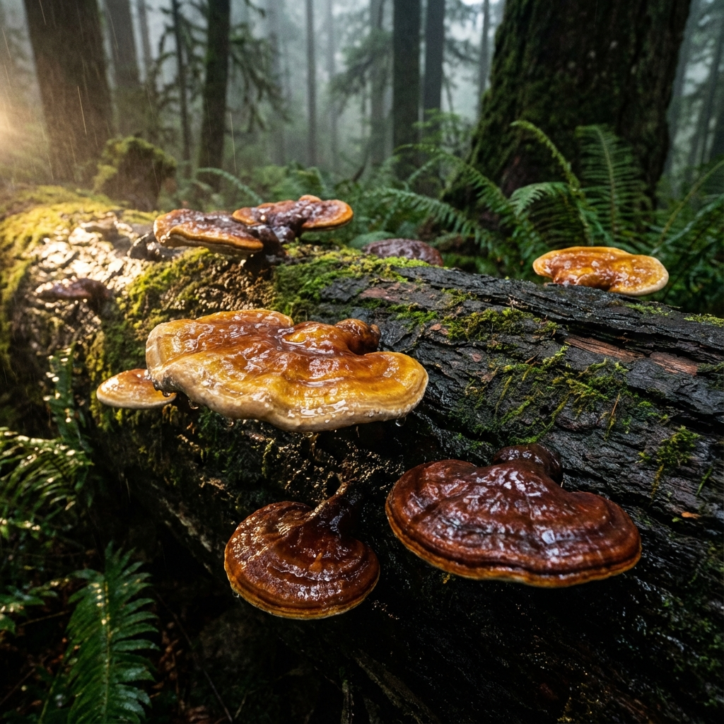 Red Reishi Mushrooms on Hardwood Log
