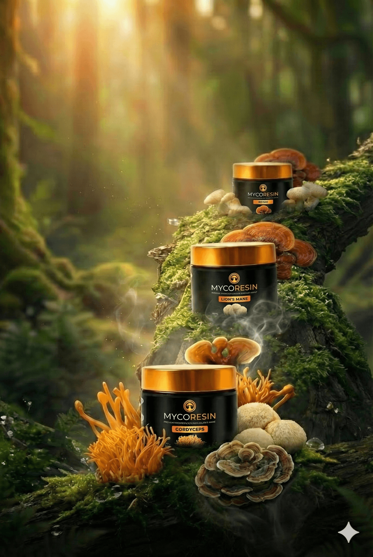 MycoResin mushroom resin jars in a misty forest