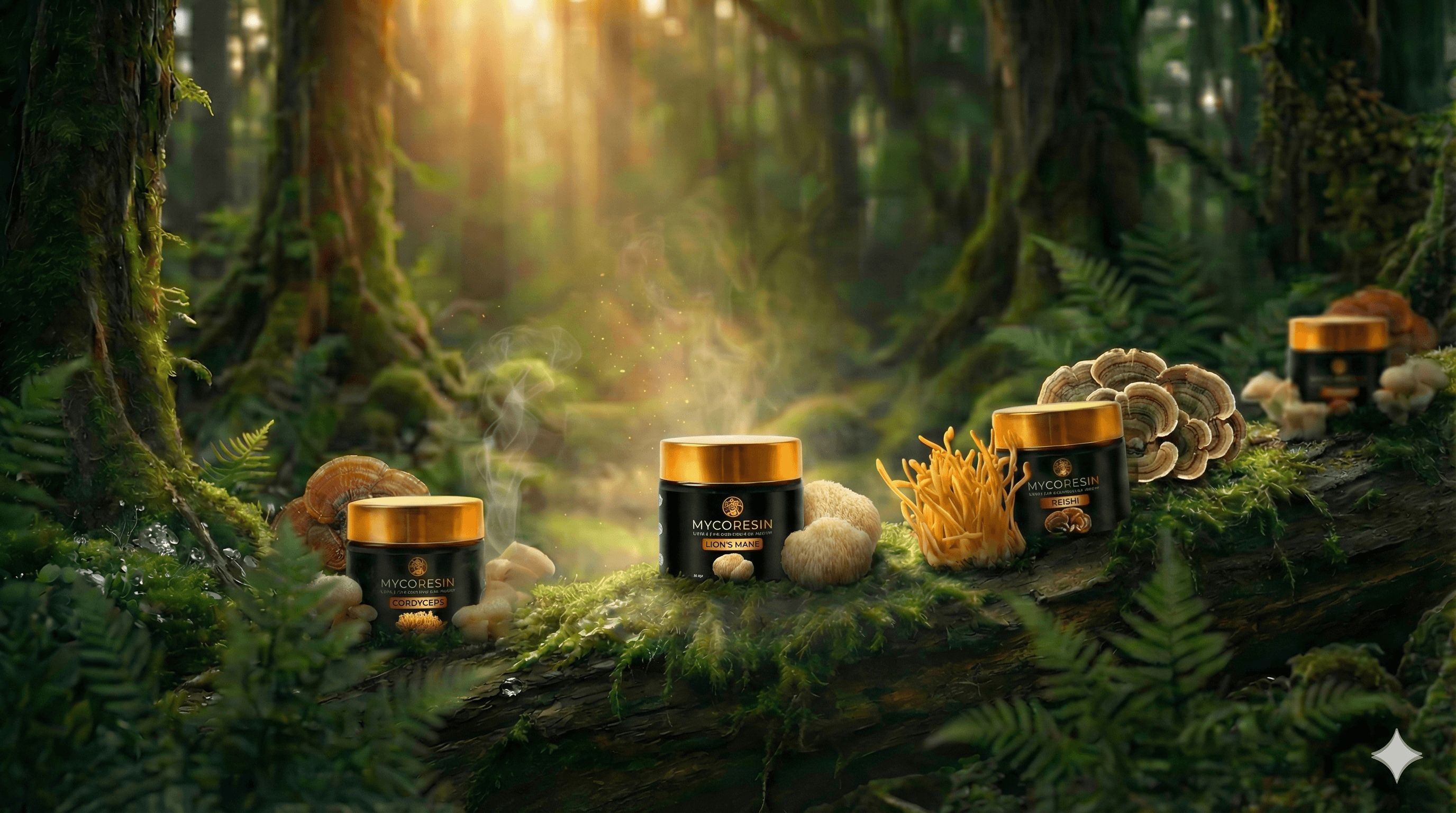 Three jars of MycoResin dissolvable mushroom resin on a mossy forest floor
